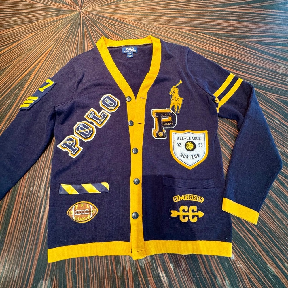 🔥🔥 HOT Polo Ralph Lauren Navy Yellow Varsity Preppy Cardigan Patches P Wing